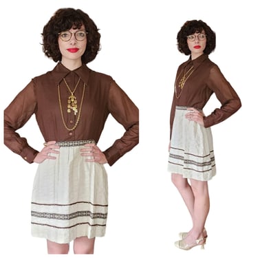 Vintage 60s Day Dress Brown Cream Long Sleeved 