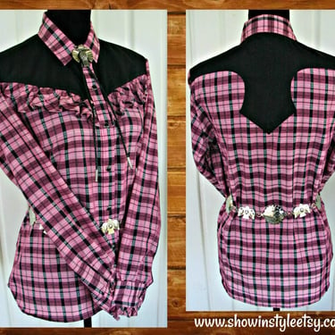 H Bar C Vintage Western Women's Cowgirl Shirt, Rodeo Blouse, Pink & Black Plaid with Ruffles, Tag Size 40, Approx. Large (see meas. photo) 