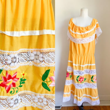 Vintage 1980s Yellow Mexican Sundress / XL-XXL (as is) 