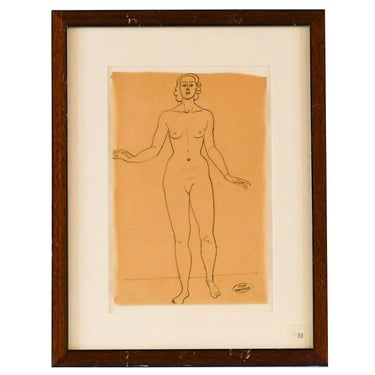 1920s Original ANDRE DERAIN Ink on Paper Drawing, Femme nue Debout Matted and FramedArt 