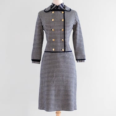 Vintage Late 1960's Chanel Inspired Wool Knit Navy Houndstooth Suit Set by Marchesa di Gresy  / S