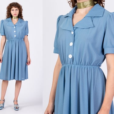 80s Does 50s Blue Polka Dot Midi Dress - Large | Vintage Blue White Button Up Puff Sleeve Fit Flare Shirt Dress 