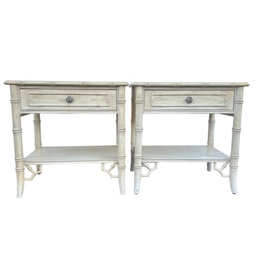 Set of 2 Faux Bamboo Nightstands FREE SHIPPING Vintage Thomasville Allegro Fretwork Hollywood Regency Coastal End Tables 