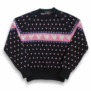vintage kawaii sweater / heart sweater / 1980s Abercrombie & Fitch black wool heart winter sweater Medium 