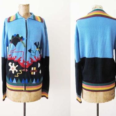 Vintage 70s Abstract Surrealist Knit Sweater Jacket M L - 1970s Blue Collared Zip Up Knitted Sweater Stripe Multicolor 
