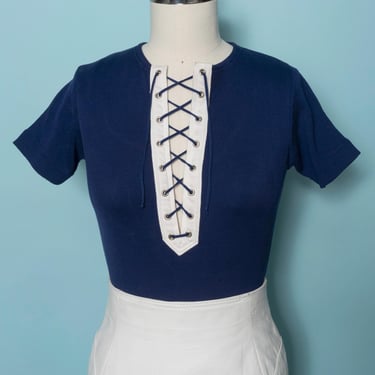 RARE 1960s Saks Fifth Avenue Navy Blue Heavy Ribbed Cotton Lace-Up Shirt Made in Italy 