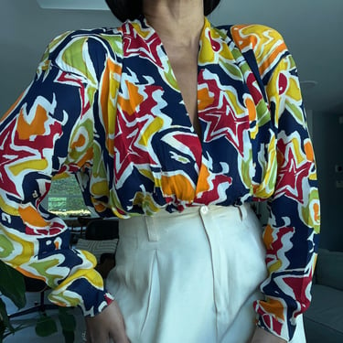 vintage EMANUEL UNGARO statement silk billowing plunge neckline abstract print blouse 