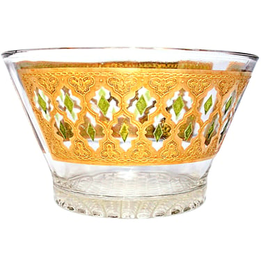 Vintage MCM Culver glassware. A Valencia glass ice bucket in 22K gold & green design. Heavy clear glass bowl for fancy cocktail parties. 