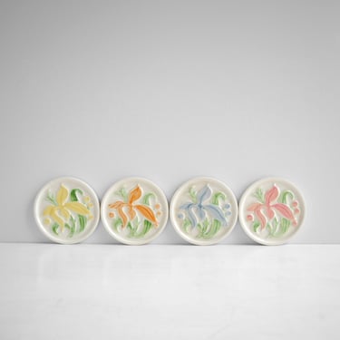 Vintage Ceramic Coasters, Art Pottery Floral Coasters Set of 4 