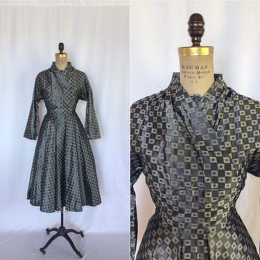 Vintage 50s dress | Vintage gray square print taffeta shirtwaist dress | 1950s fit and flare dress 