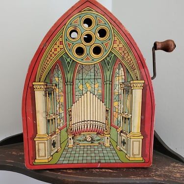 1940s J Chein USA Crank Wind Cathedral Organ - Music Box - Vintage Toys - Tin Toys 