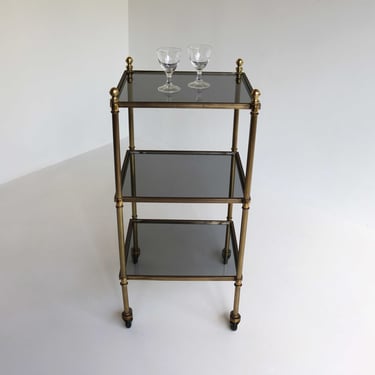 Maison Jansen Hollywood Regency Drinks Trolley French Side Table Brass Glass Three-Tier Rolling Occasional Table Bar Cart Midcentury 50s 