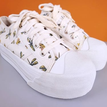 DEADSTOCK 90s/Y2K platform sneakers with dragonflies on canvas. Iconic design. Lace up. Bubble toe cap. Yellow white. Club kid. (6.5) 