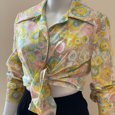 1970's floral button up fits S - L Teal, Pink and Yellow 