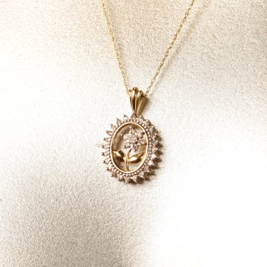 Elegant 10K Diamond Pave Flower Necklace, Two-Tone Diamond Halo Pendant, Art Deco Revival, Estate Jewelry, 20