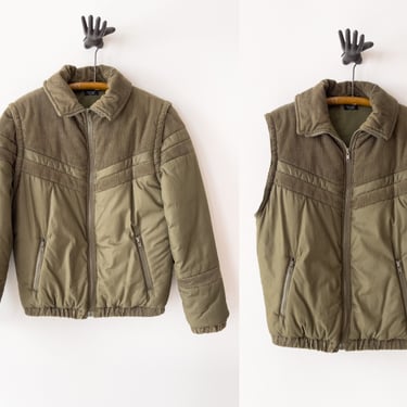 green quilted jacket | 70s 80s vintage olive green brown convertible puffer jacket vest 