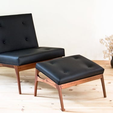 Center City Lounge Chair and Ottoman- Modern Mahogany Lounge Chair w/ Black Leather Upholstery 