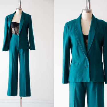green wool suit | 70s 80s vintage teal blue green dark academia high waisted pants jacket 2 piece suit 