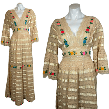 1970's Embroidered Lace Hippie Gown Size M