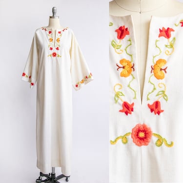 1970s Maxi Gown Embroidered Cotton Dress S 