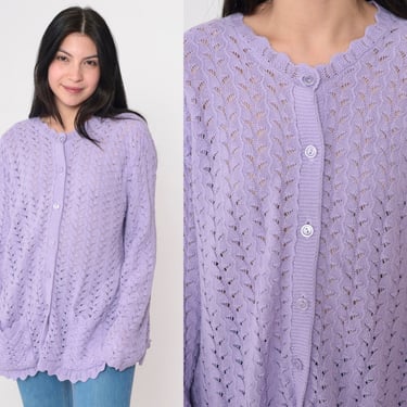 Pointelle Knit Cardigan 90s Sheer Lavender Purple Button up Sweater 1990s Openwork Scalloped Neckline Long sleeve Vintage Extra Large xl 