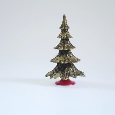 Mini Gold Glass Glitter Putz Tree made in W. Germany, 1940s Tiered Plastic Gesch Table Top Decoration, Please Read Entire Listing 