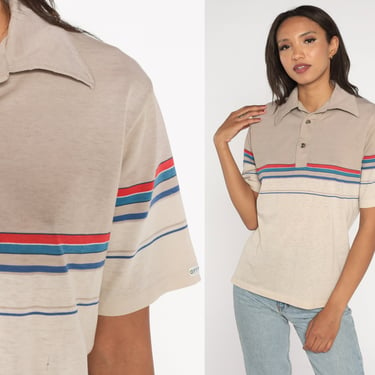 Striped Polo Shirt 90s Off Shore Surf Polo Collared T-Shirt Retro Short Sleeve Top Streetwear Half Button up Tee Tan Vintage 1990s Medium M 