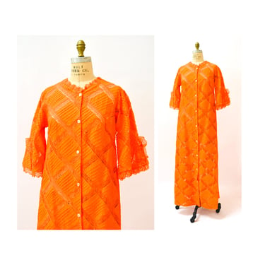 70s Vintage Orange Dress Lace Patchwork House Dress 70s Sheer Lace Boho Dress Orange Boho Hippy Dress Lace Patchwork Dress Small Medium 