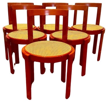 Italian Bentwood Caned Set of 6 Red Lacquered Chairs Mid Century Modernist