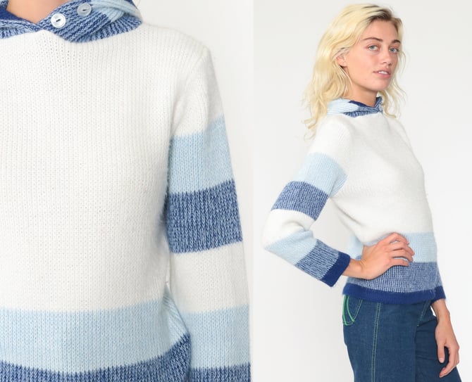 70s Hooded Sweater xs White Blue Striped Knit Hoodie Vintage Hippie Boho 60s Pullover Hood Hippie Jumper Fuzzy Tiny Fit Extra Small xs 