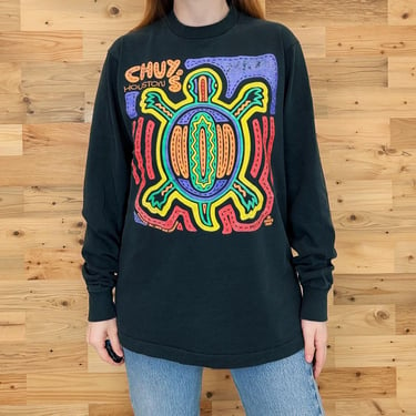 80's Vintage Chuy's Tex Mex Long Sleeve Turtle Art Tee Shirt T-Shirt 