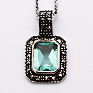 Art Deco 80's green aqua marcasite sterling pendant, octagon cut aquamarine pyrite A 925 silver necklace 