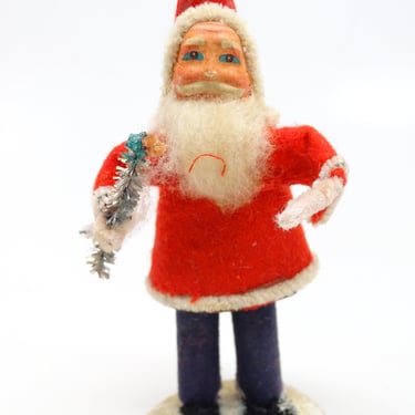 Vintage 4 Inch Santa, Paper Face holding Faux Feather Christmas Tree, Antique Retro Decor 