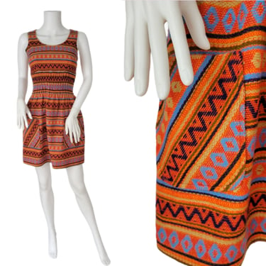 College Town 1970's Orange Aztec Pattern Woven Poly Short Mini Dress I Sz Sm 