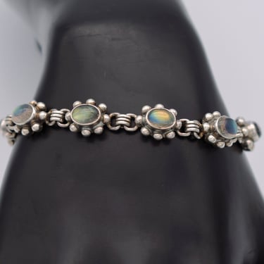 70's 925 silver labradorite boho flowers bracelet, heavy India sterling chatoyant floral hippie bracelet 
