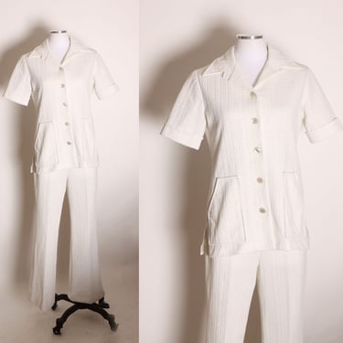 1970s White and Gray Flecked Two Piece Short Sleeve Blouse Top with Matching High Waisted Pants Leisure Suit by Prince of Dallas -M 