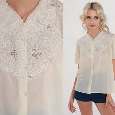 Floral Embroidered Blouse 70s 80s Puff Sleeve Cutout Top Semi-Sheer Off White Victorian Button up Shirt Cutwork Vintage 1970s Medium M 