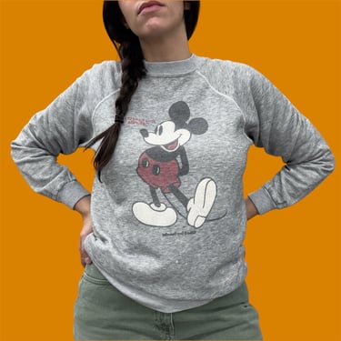 Vintage Mickey Mouse Sweatshirt Retro 1970s No Size + Walt Disney Productions + Fort Lauderdale + Heather Grey + Raglan + Unisex Apparel 