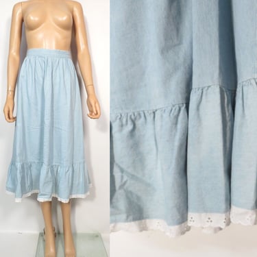 Vintage 80s/90s Lightwash Denim Ruffle Hem Prairie Skirt Made In USA Size 30 Waist 