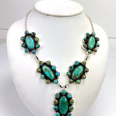 Artisan Large Turquoise Cluster & Sterling Silver Lariat Linked Necklace Southwestern 