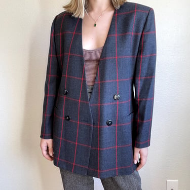 Vintage JH Collectibles 80s Gray Wool Red Plaid Oversized Preppy Blazer Sz L 