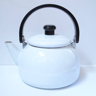 Sweet White Enamelware Kettle White Black Enamel Teapot Wooden Handle Coffee Pot Modern Farmhouse Kettle Cottage Chic 