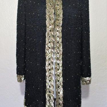 Vintage 1980s Laurence Kazar Evening Jacket, Black Beaded Silk Cocktail Jacket, gold sequins, L Women 