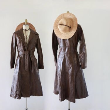 70's rich brown leather trench jacket - s - vintage 60s 70s 1960s 1970s womens size small long belted Altman boho hippie coat bohemian 