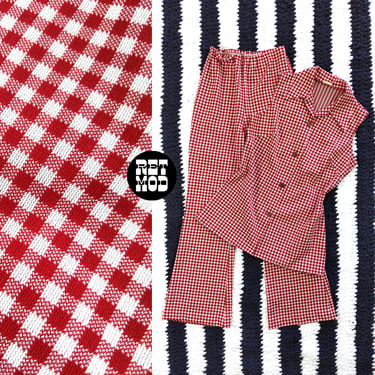 Fab Vintage 60s 70s Red White Gingham Plaid Two-Piece Tunic Pants Set 