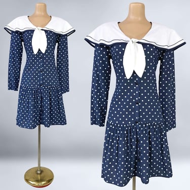 VINTAGE 80s Polka Dot Print Sailor Dress By Switch USA Size 7 Blue and White | 1980s Patriotic Drop Waist Dress |  VFG 