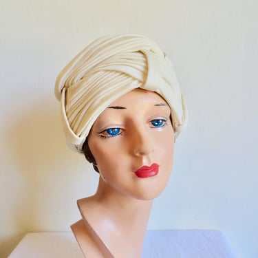 1960's Christian Dior Creamy White Silk Knit Turban Hat Couture Millinery Made in France French Designer 