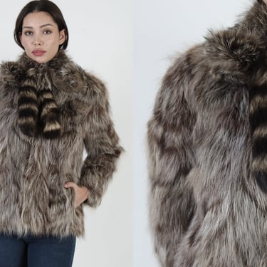 Shaggy Raccoon Fur Coat / Plush Long Tail Collar / Vintage 80s Authentic Raccoon Jacket / Natural Striped Neck Bow Ties 