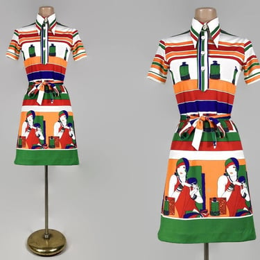 VINTAGE 70s Art-Deco Lady Novelty Face Print Mini Dress -The Perfume of this Winter | 1970s Striped Jupp Wiertz Border Print Dress | VFG 