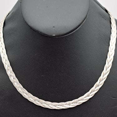 90's Italy 925 silver braided herringbone necklace, textured sterling rocker chain 